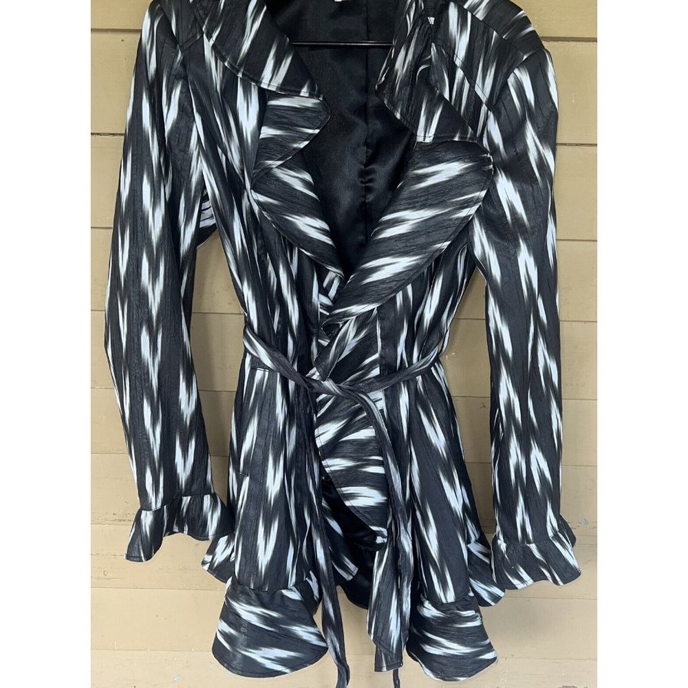 Peter Nygard Women Duster Jacket Ruffled Lined Black White Tie Pockets Medium (n